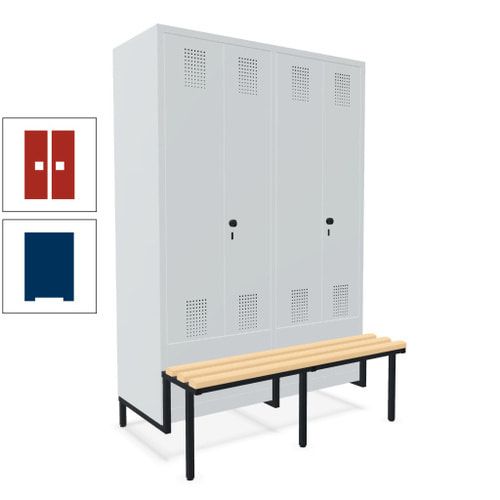 Doppel-Spind, Garderobenschrank, Buche Sitzbank integriert, 4 Abteile 300 mm, Korpus anthrazitgrau, Tür anthrazitgrau, 1.850 x 1.200 x 815 mm (HxBxT)