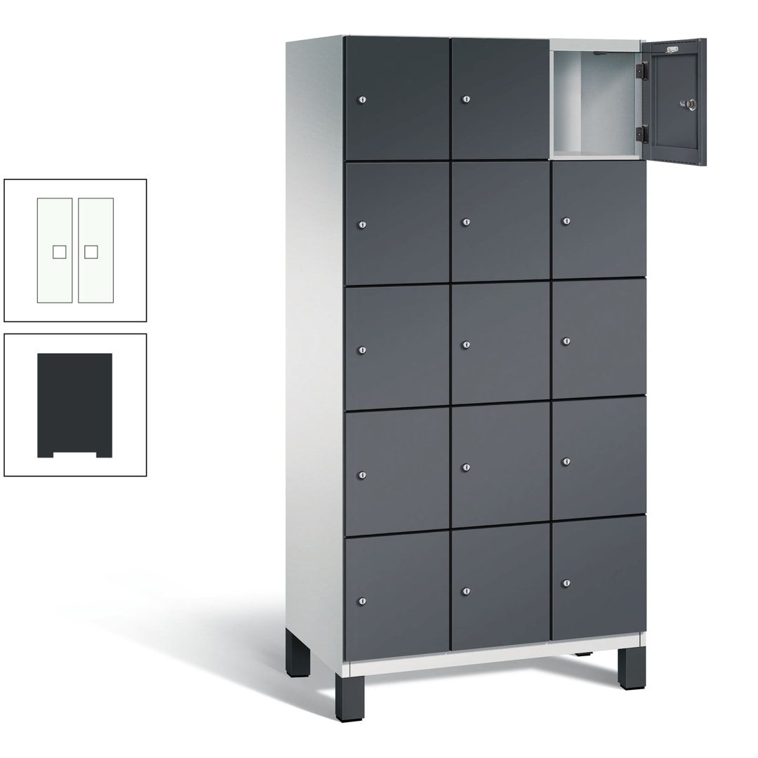 Fächerschrank, Stahlschrank, 15 Fächer, Türöffnungsbegrenzer, Füße, 1.980 x 900 x 525 mm (HxBxT), Korpus anthrazitgrau, Front anthrazitgrau