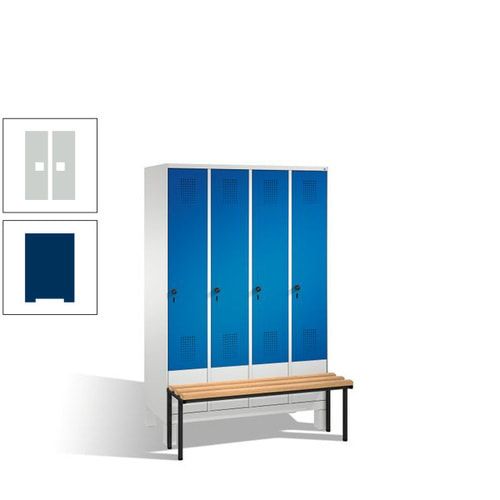 Stahl-Garderobenschrank, Spind, Buche Sitzbank vorgebaut, 4 Abteile a 300 mm, Korpus Lichtgrün, Tür Schwefelgelb, 1.850 x 1.200 x 815 mm (HxBxT)
