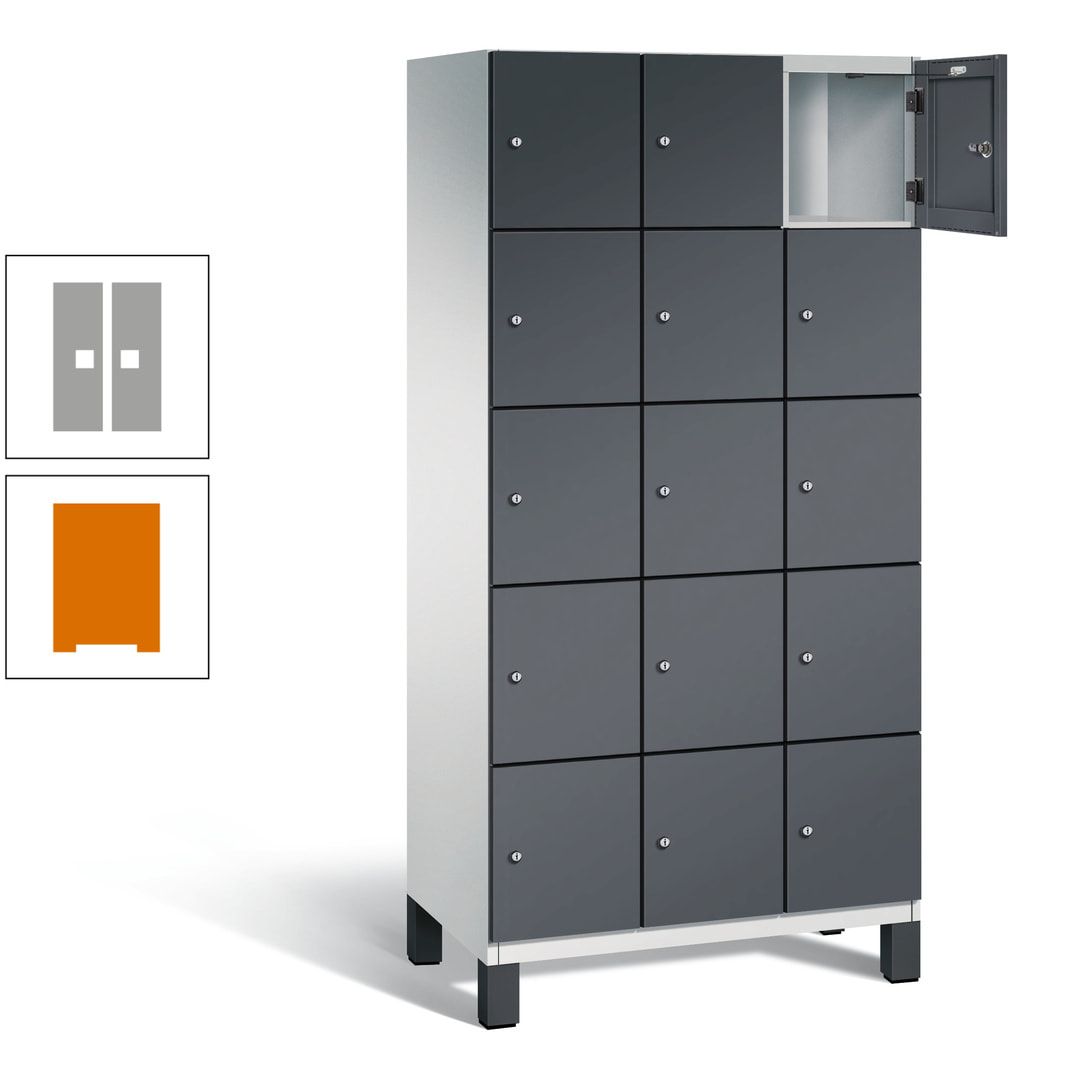 Fächerschrank, Stahlschrank, 15 Fächer, Türöffnungsbegrenzer, Füße, 1.980 x 900 x 525 mm (HxBxT), Korpus anthrazitgrau, Front anthrazitgrau