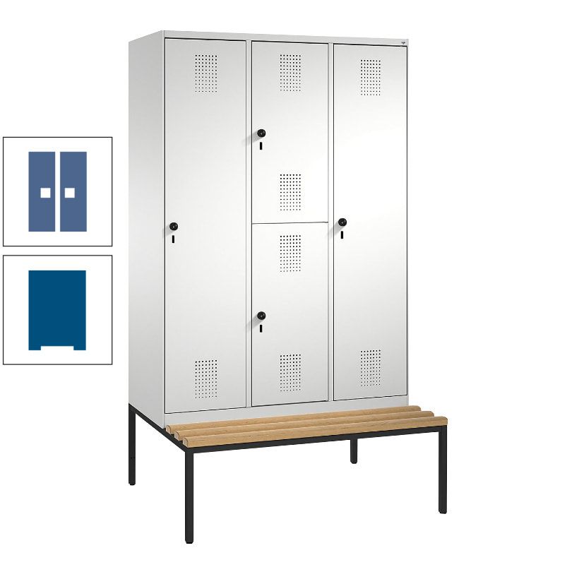 Garderobenschrank, Spind ein- und doppelstöckig Sitzbank, 3 Abteile, 4 Fächer, 2.090x1.200x500 mm (HxBxT), Front anthrazitgrau, Korpus anthrazitgrau