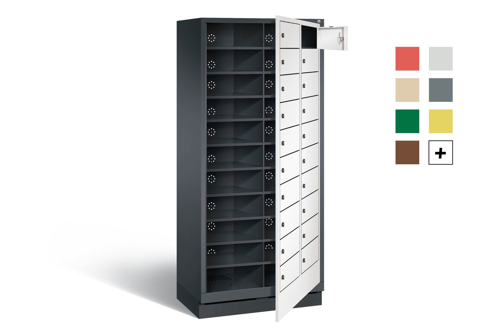 Wäscheschrank, Ausgabeschrank, Fächerschrank, Zentraltür, Sockel, 20 Fächer, Korpus Pastellgelb, Tür anthrazitgrau, 1.800 x 810 x 500 mm (HxBxT)