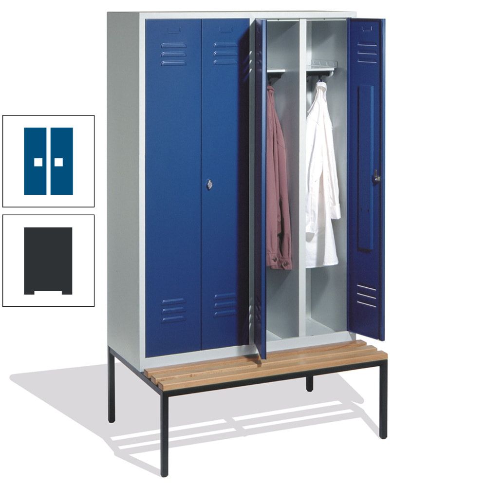 Doppel-Spindschrank, Buche Sitzbank untergebaut, 4 Abteile a 300 mm, Korpus lichtgrau, Tür anthrazitgrau, 2.090 x 1.190 x 815 mm (HxBxT)