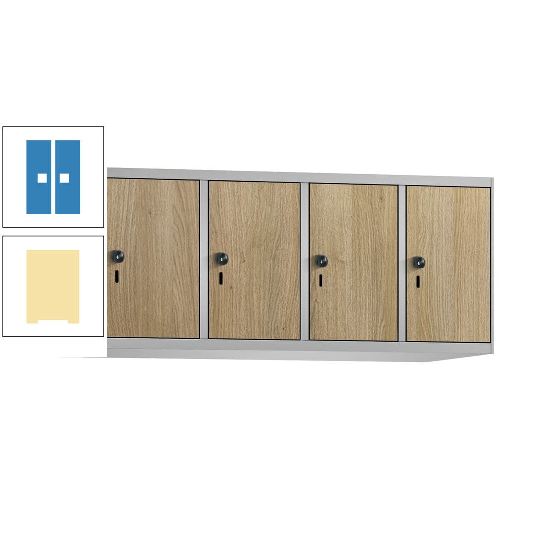 Aufsatzschrank, Schrankaufsatz, 4 Fächer a 300 mm, Farbe Pastellgelb, Tür anthrazitgrau, 500 x 1.200 x 500 mm (HxBxT)