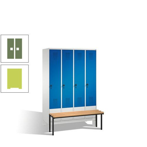 Stahl-Garderobenschrank, Spind, Buche Sitzbank vorgebaut, 4 Abteile a 300 mm, Korpus Lichtgrün, Tür Schwefelgelb, 1.850 x 1.200 x 815 mm (HxBxT)