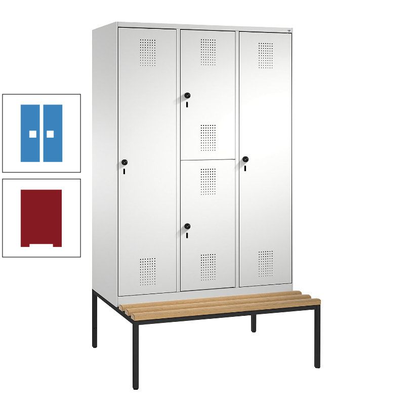 Garderobenschrank, Spind ein- und doppelstöckig Sitzbank, 3 Abteile, 4 Fächer, 2.090x1.200x500 mm (HxBxT), Front anthrazitgrau, Korpus anthrazitgrau