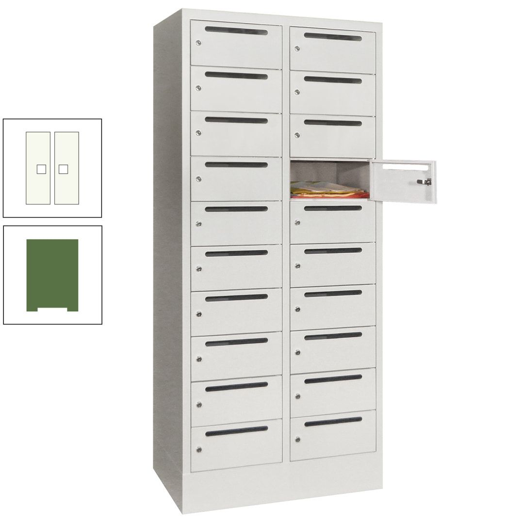 Postverteilerschrank, Schließfachschrank, 2 Abteile a 400 mm, 20 Fächer, 1.850 x 800 x 500 mm (HxBxT), Korpus anthrazitgrau, Front anthrazitgrau