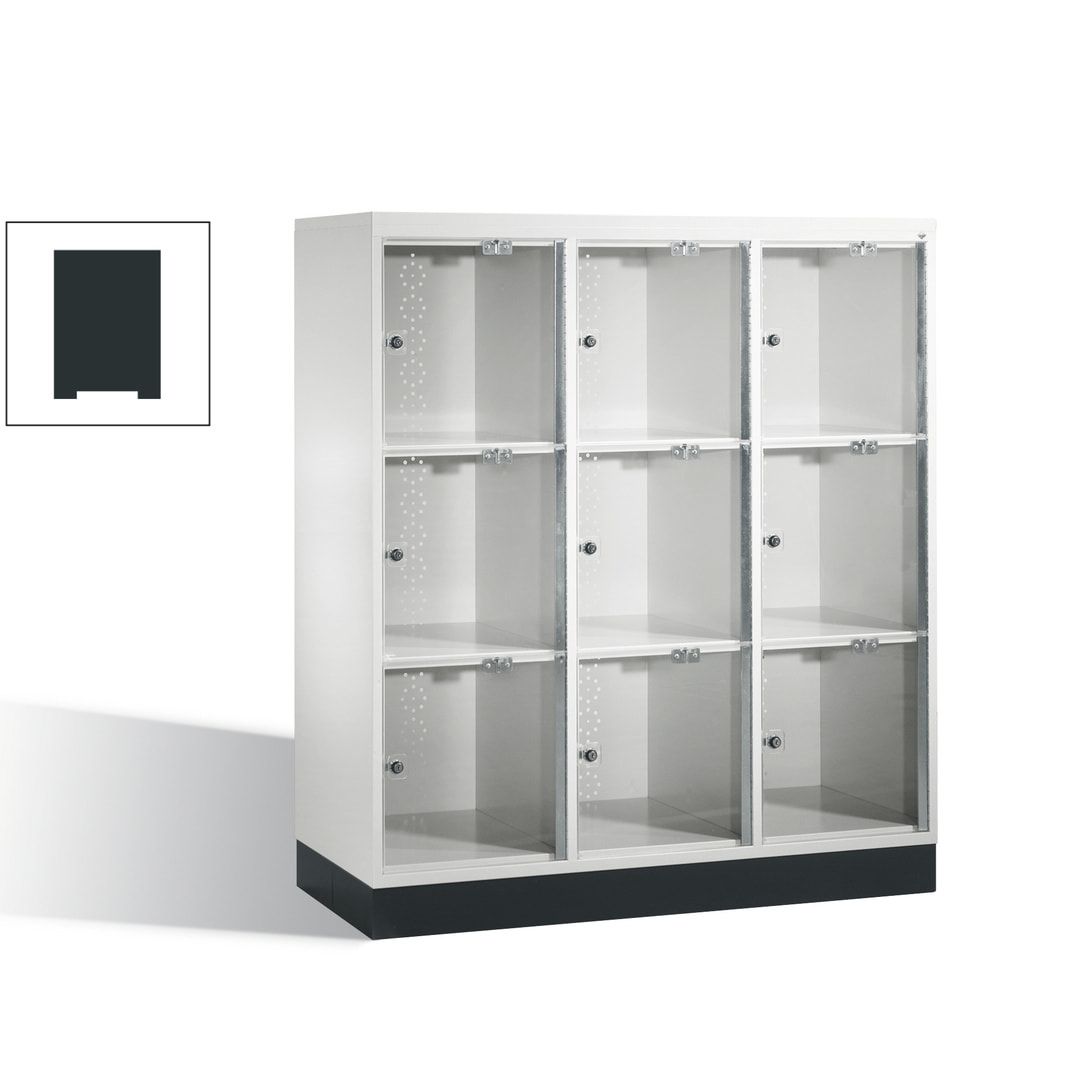 Schließfachschrank, Fächerschrank mit Türen aus Acrylglas, 3 Abteile, 9 Fächer, Zylinderschloss, 1.370 x 1.220 x 500 mm (HxBxT), Korpus anthrazitgrau