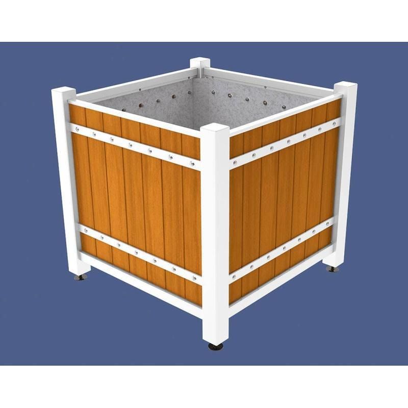 Pflanzbehälter, Pflanzgefäß, verzinkt, Eichenholzverkleidung, innen feuerverzinkt mit Verladungsgriffen, 1.085 x 1.230 x 1.230 mm (HxBxT), enzianblau