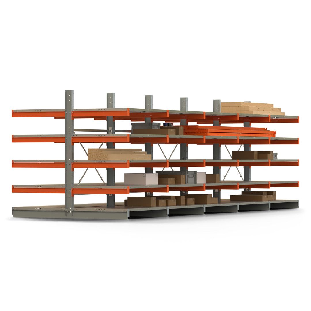 Doppelseitiges Kragarmregal mit Fachböden, 2 Felder, 2.000 x 2.560 (HxB), Nutztiefe 1.000 mm, Kragarmlast 450 kg, KARL basic, silbergrau/reinorange