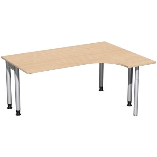 Eckschreibtisch, Ecke rechts, Füße einseitig verkürzt, 4-Fuß Pro, höhenverstellbar, 680-800 x 1.600 x 1.200 mm (HxBxT), Dekor Ahorn