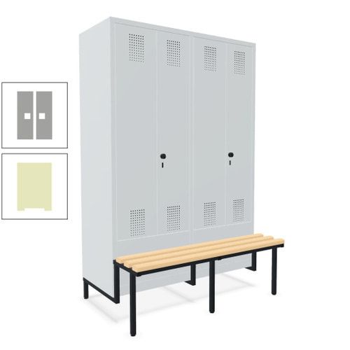 Doppel-Spind, Garderobenschrank, Buche Sitzbank integriert, 4 Abteile 300 mm, Korpus anthrazitgrau, Tür anthrazitgrau, 1.850 x 1.200 x 815 mm (HxBxT)