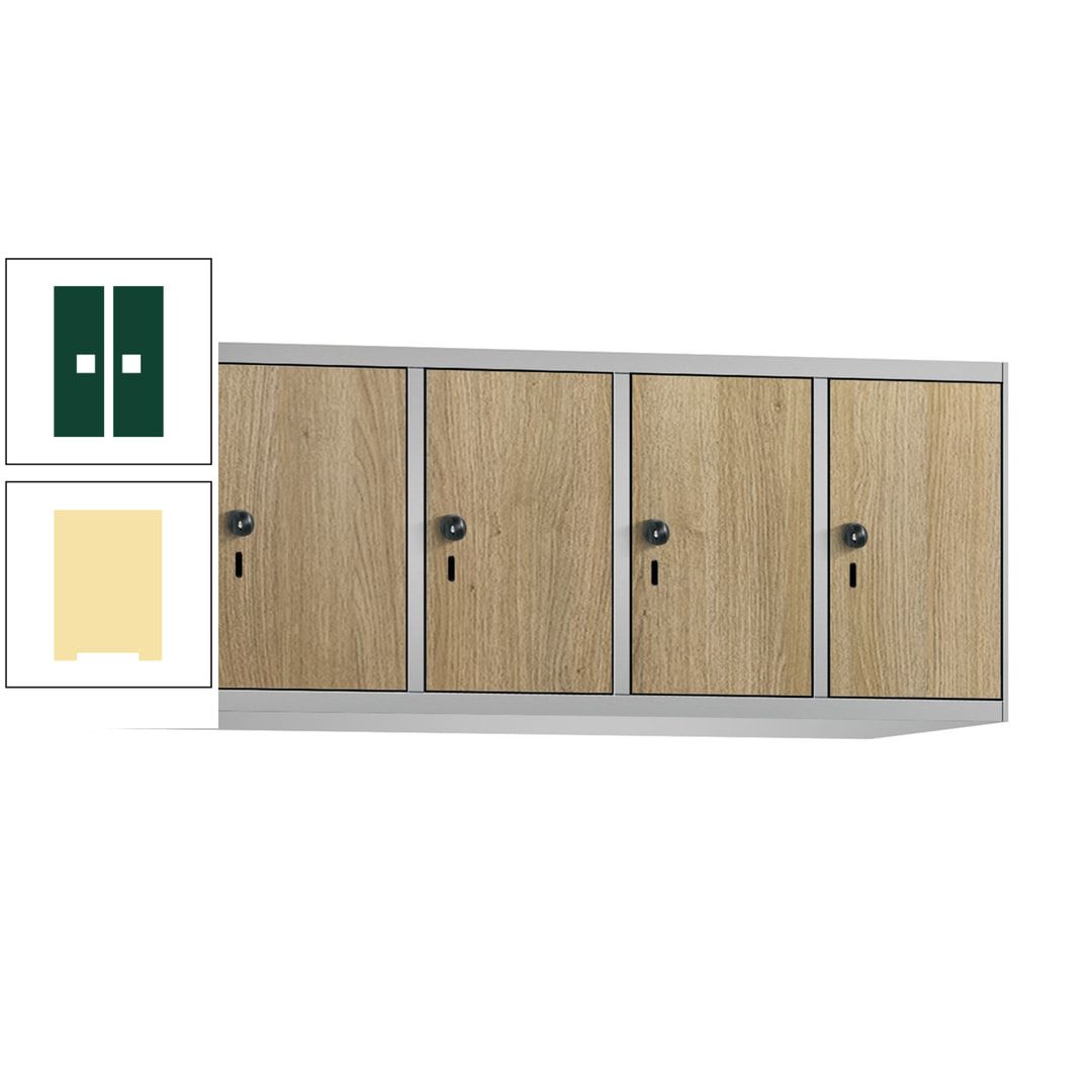 Aufsatzschrank, Schrankaufsatz, 4 Fächer a 300 mm, Farbe Pastellgelb, Tür anthrazitgrau, 500 x 1.200 x 500 mm (HxBxT)