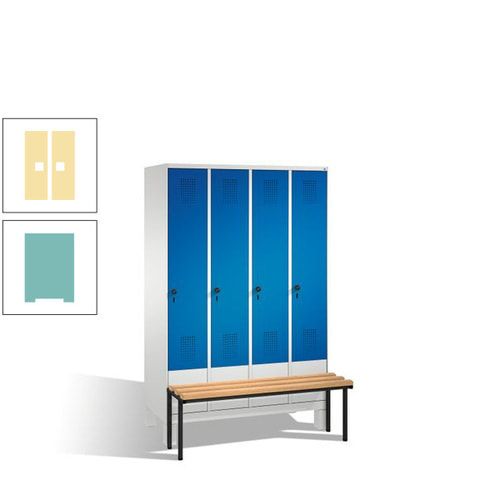 Stahl-Garderobenschrank, Spind, Buche Sitzbank vorgebaut, 4 Abteile a 300 mm, Korpus Lichtgrün, Tür Schwefelgelb, 1.850 x 1.200 x 815 mm (HxBxT)