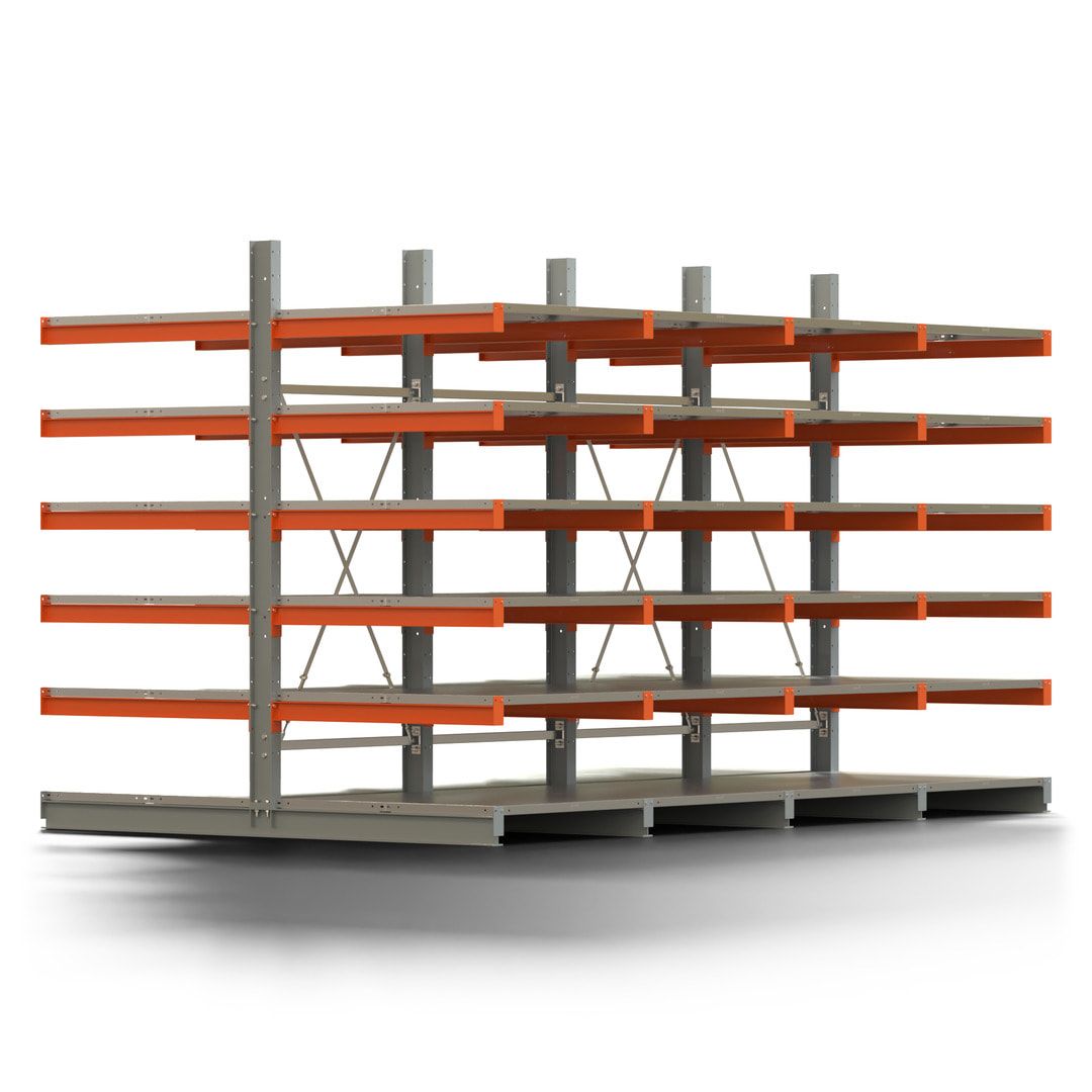 Doppelseitiges Kragarmregal mit Fachböden, 2 Felder, 2.500 x 2.000 (HxB), Nutztiefe 1.000 mm, Kragarmlast 450 kg, KARL basic, silbergrau/reinorange