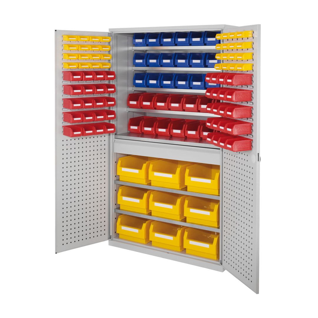 Magazinschrank - 116 Sichtlagerkästen - Loch-/Schlitzplatten Türen - 1 Schublade - 7 Böden - 1.950 x 1.130 x 590 mm (HxBxT) - lichtgrau