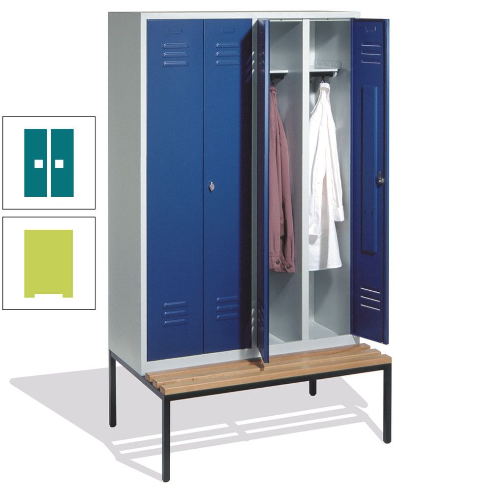 Doppel-Spindschrank, Buche Sitzbank untergebaut, 4 Abteile a 300 mm, Korpus lichtgrau, Tür anthrazitgrau, 2.090 x 1.190 x 815 mm (HxBxT)