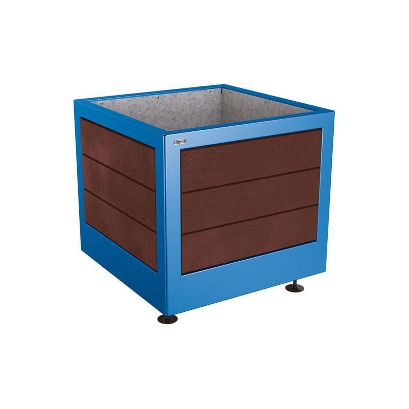 Pflanzbehälter, Stahl, recyclebarer Kunststoff, verstellbare Füße, Innen Blech fvz mit Verladungsgriffen, 700 x 800 x 800 mm (HxBxT), enzianblau