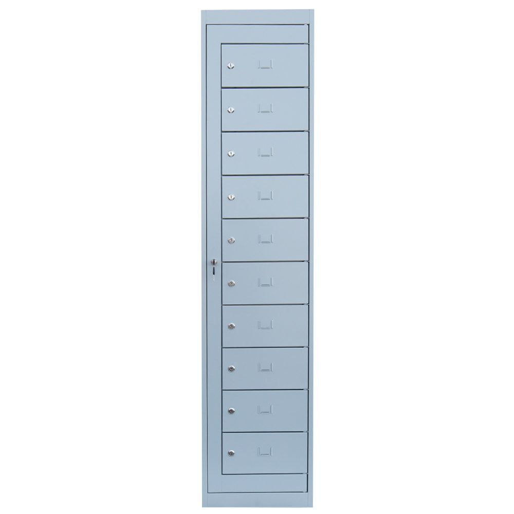 Verteilerschrank, Ausgabeschrank, Fächerschrank, Zentraltür, 1 Abteil, 10 Fächer, 1.800 x 400 x 500 mm (HxBxT), Korpus lichtgrau, Front enzianblau