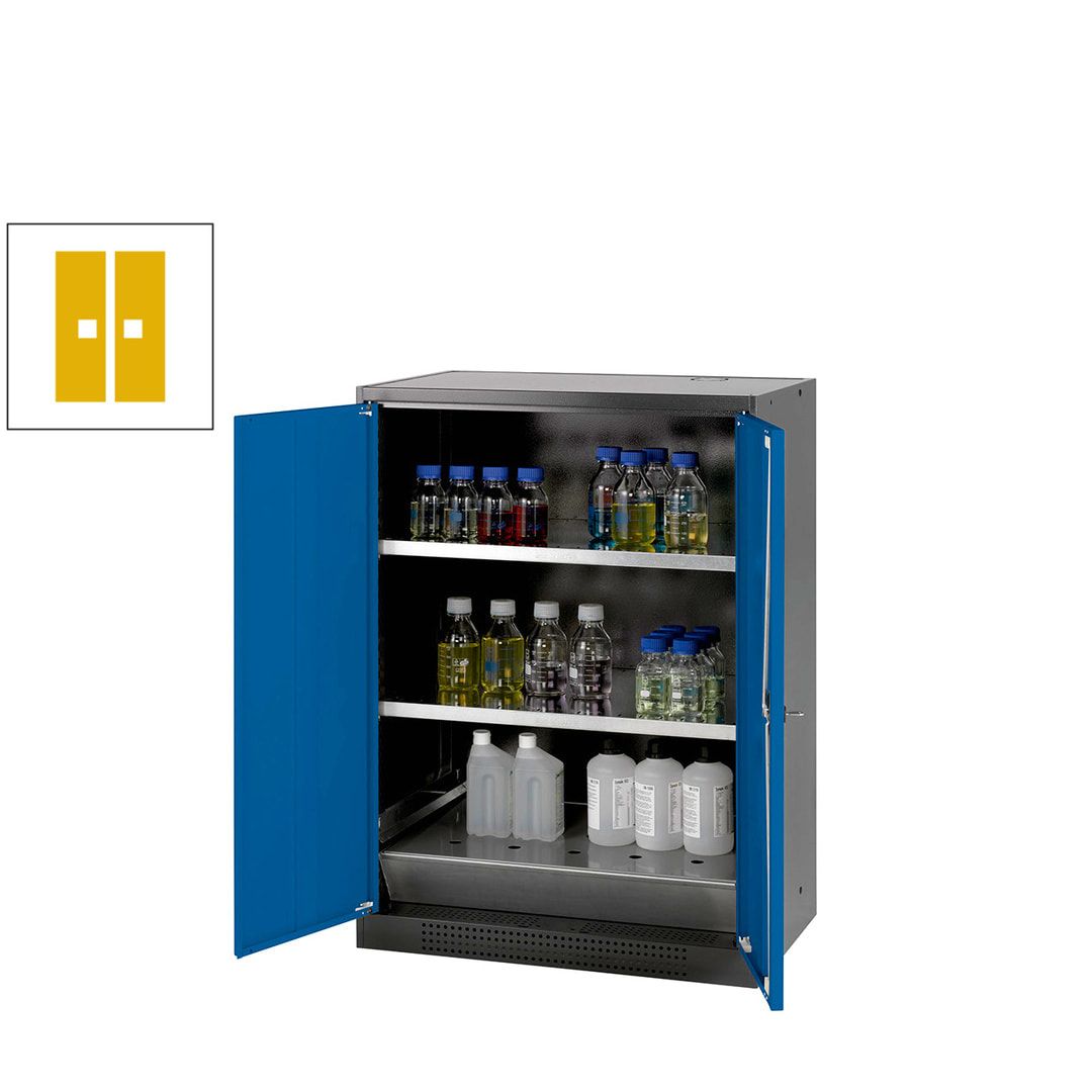 Chemikalienschrank - Flügeltüren, enzianblau - 2 Fachböden - 1.105 x 810 x 520 mm (HxBxT) - Stahl, pulverbeschichtet