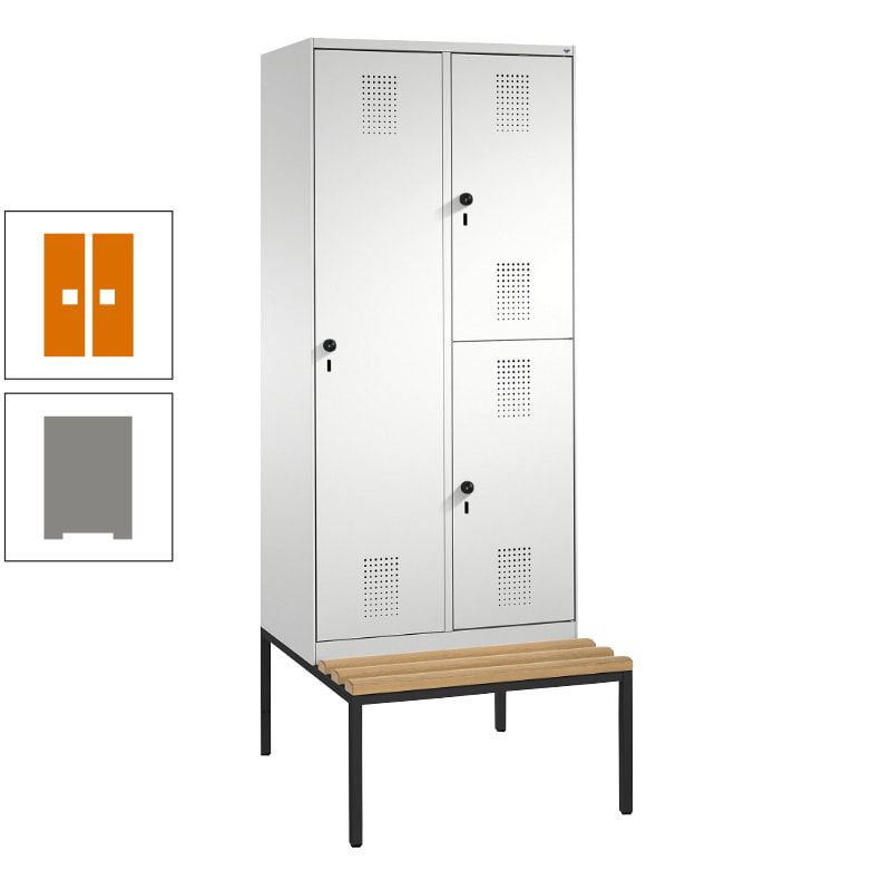 Garderobenschrank, Spind ein- und doppelstöckig Sitzbank, 2 Abteile, 3 Fächer, 2.090 x 800 x 500 mm (HxBxT), Front anthrazitgrau, Korpus anthrazitgrau