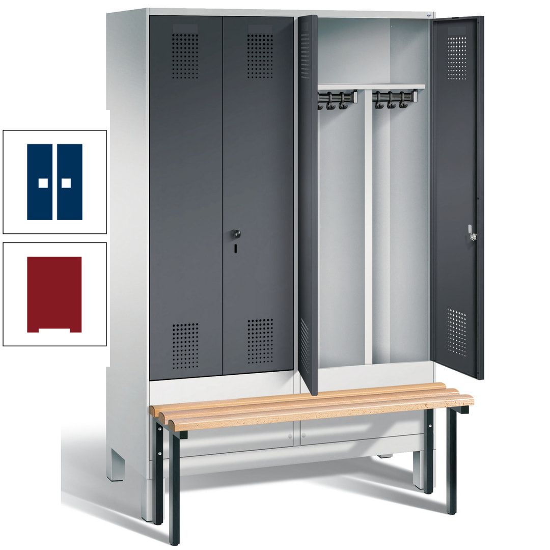 Doppel-Spind, Garderobenschrank, Buche Sitzbank vorgebaut, 4 Abteile a 300 mm, Korpus feuerrot, Tür Wasserblau, 1.850 x 1.200 x 815 mm (HxBxT)