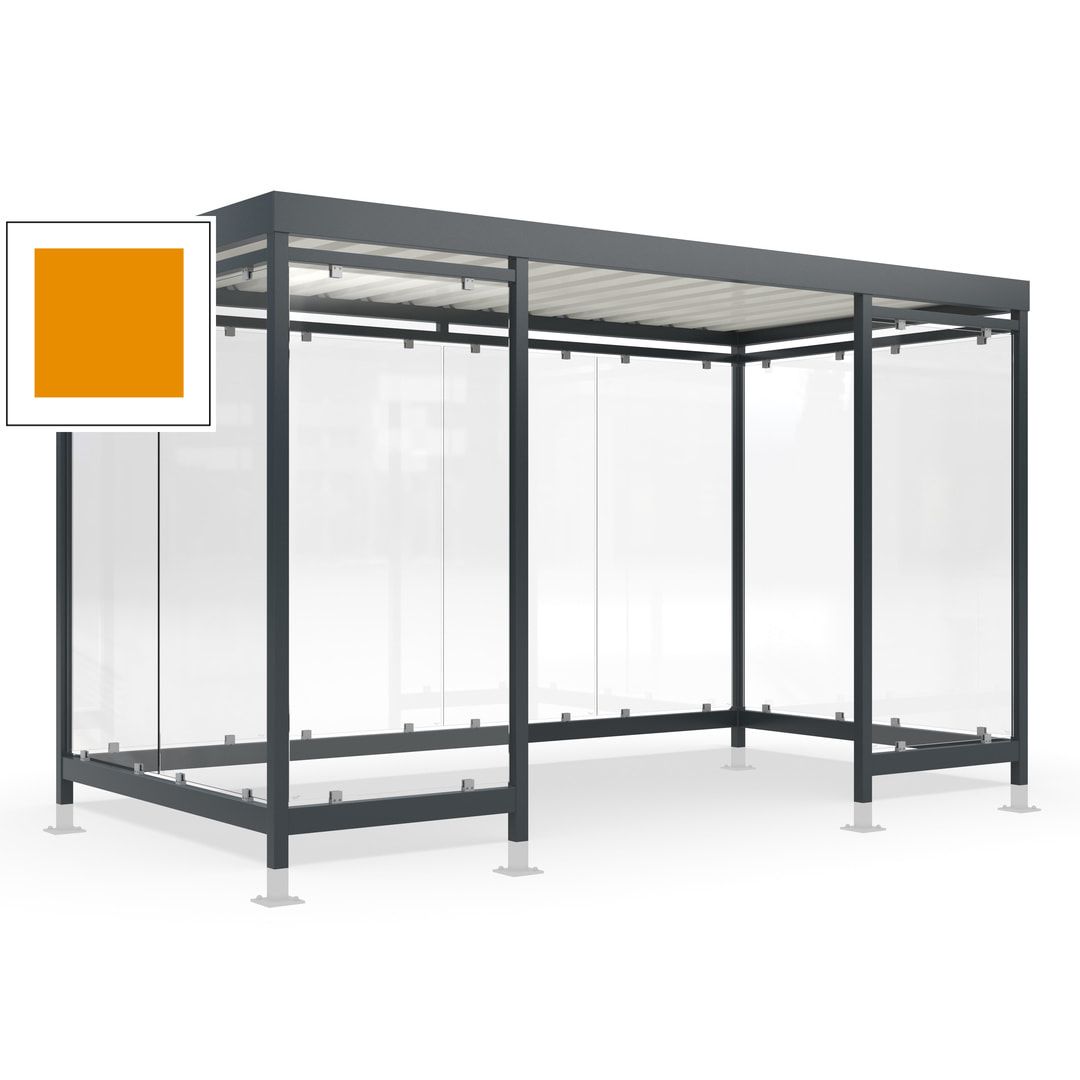 Raucherunterstand für 12-13 Personen, Bushaltestelle, mit Überpflasterung, 2.440 x 4.195 x 2.165 mm (HxBxT), 10 Wände, Achatgrau