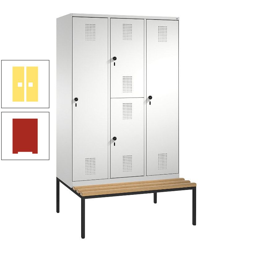 Garderobenschrank, Spind ein- und doppelstöckig Sitzbank, 3 Abteile, 4 Fächer, 2.090x1.200x500 mm (HxBxT), Front anthrazitgrau, Korpus anthrazitgrau