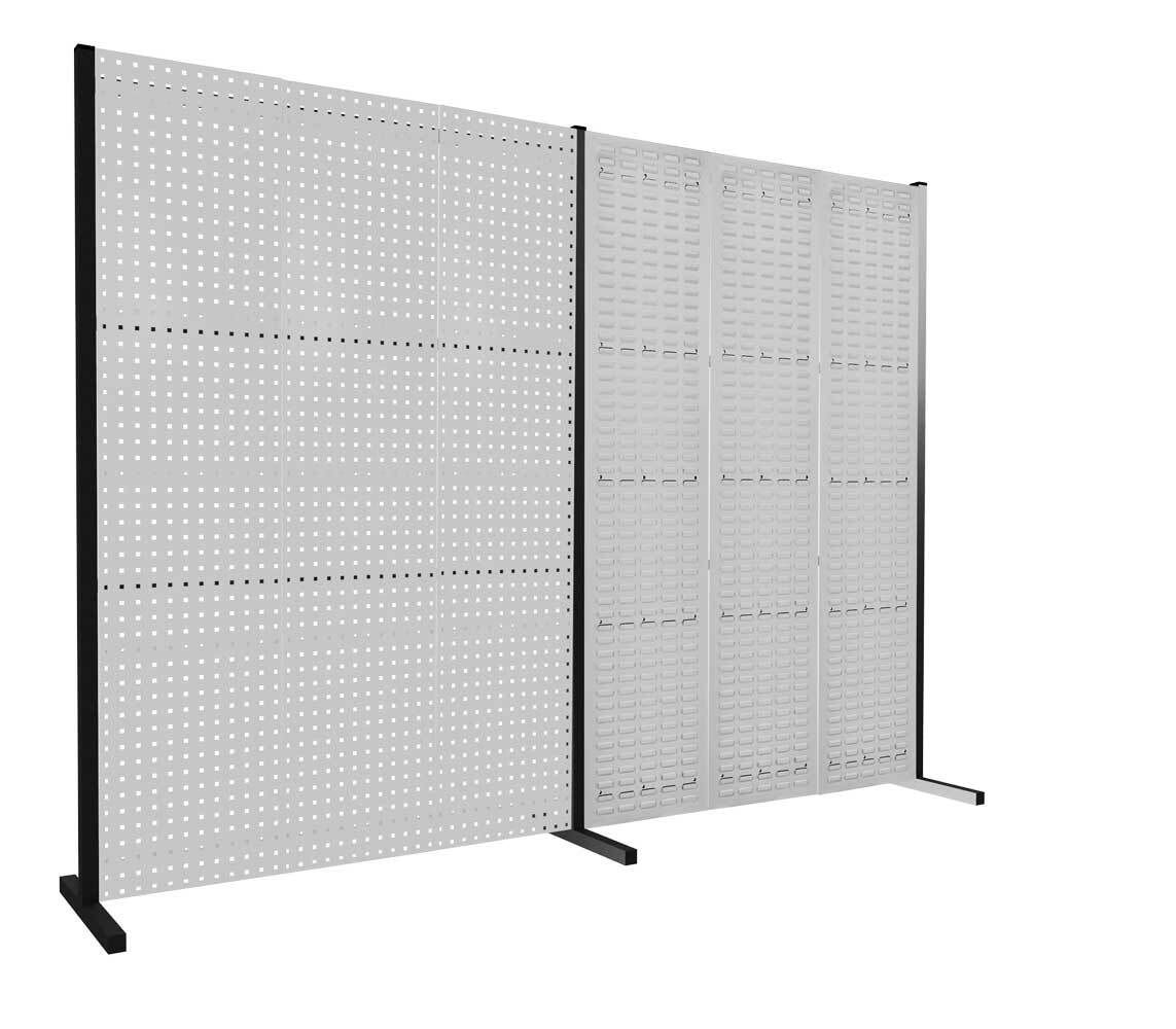 Modulare Trennwand, Werkzeugwand, Doppelfeld 180 Grad, 3 Loch- u. 3 Schlitzplatten, Plattenhöhe 1.500 mm, 2.000 x 3.000 mm (HxB), Anthrazitgrau