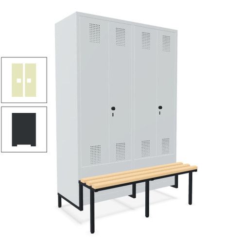 Doppel-Spind, Garderobenschrank, Buche Sitzbank integriert, 4 Abteile 300 mm, Korpus anthrazitgrau, Tür anthrazitgrau, 1.850 x 1.200 x 815 mm (HxBxT)