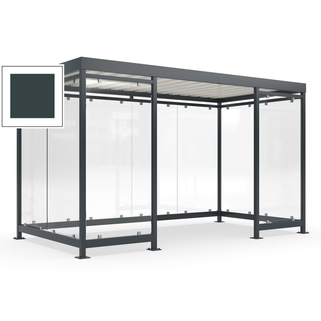 Fahrgastunterstand, Raucherunterstand, fertig montiert, Aufdübeln, 12-13 Personen, 2.510 x 4.195 x 2.165 mm (HxBxT), 10 Wände, Achatgrau
