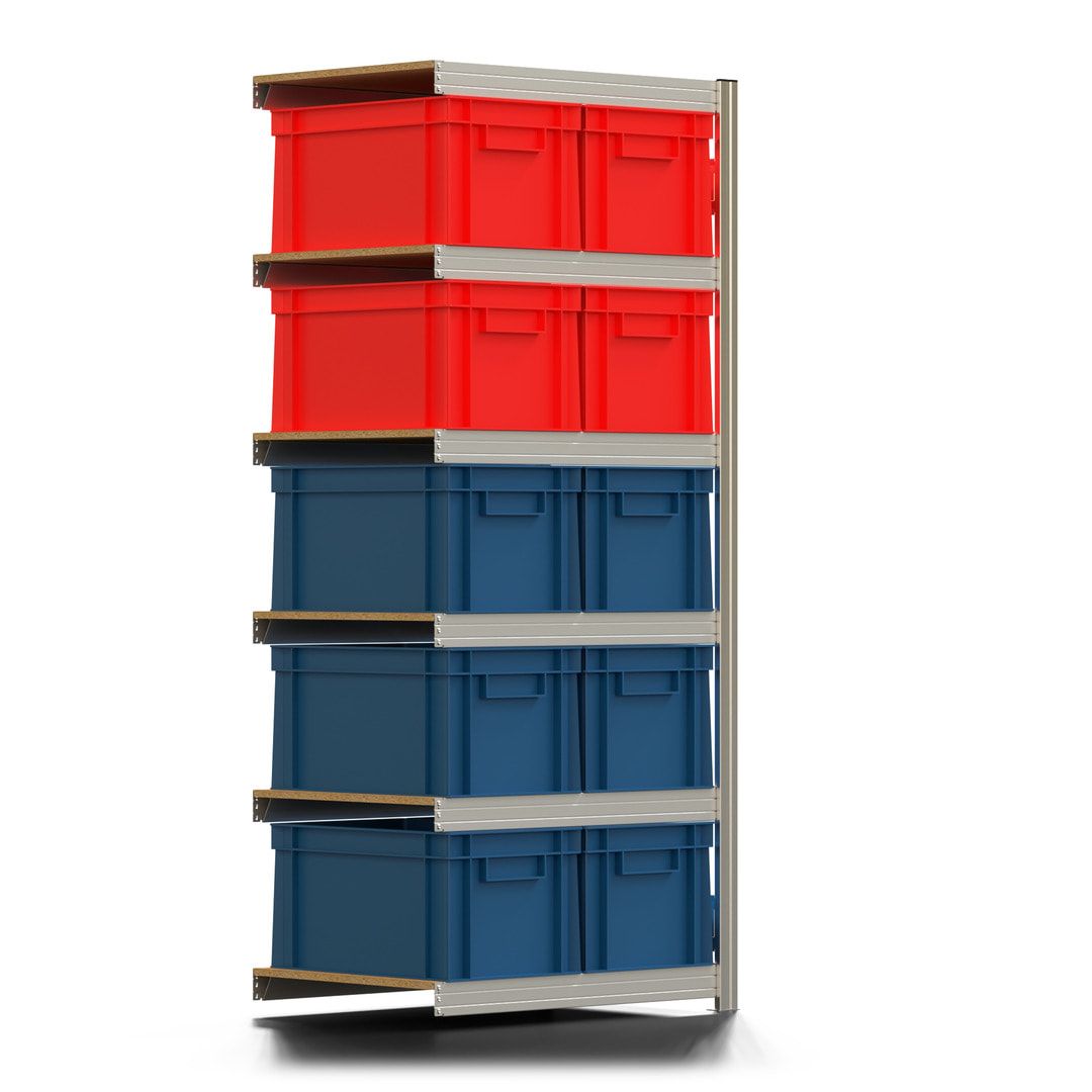 Steckregal BERT - Anbauregal mit 10 Eurokästen - 6 Böden - 350 kg - 2.075 x 875 x 600 mm - beidseitig bedienbar - erweiterbar - verzinkt