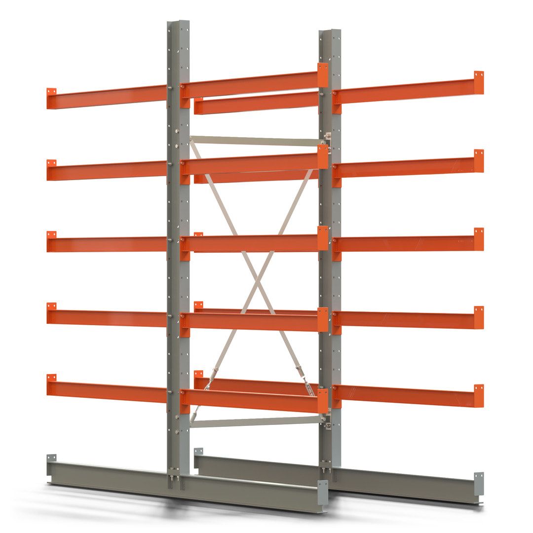 Doppelseitiges Kragarmregal, Anbauregal, 2.500 x 1.000 x 1.120 mm (HxBxT), Nutztiefe 500 mm, Kragarmlast 870 kg, KARL basic, silbergrau/reinorange