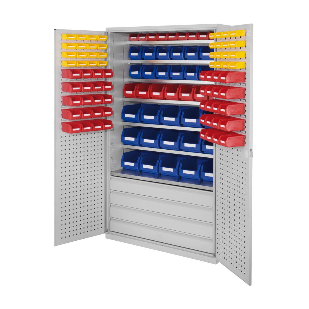 Magazinschrank - 118 Sichtlagerkästen - Loch-/Schlitzplatten Türen - 4 Schubladen - 7 Böden - 1.950 x 1.130 x 590 mm (HxBxT) - lichtgrau