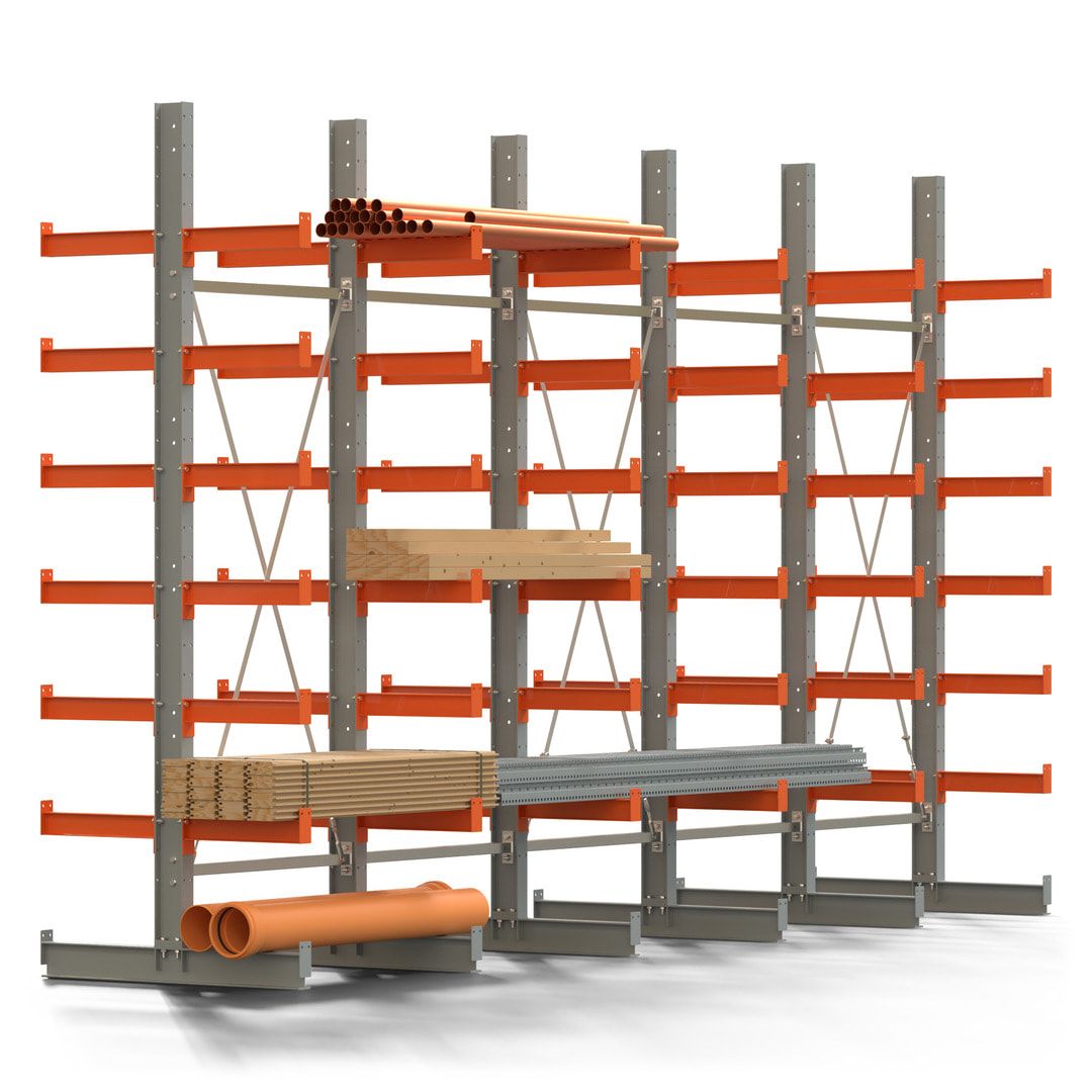 Doppelseitiges Kragarmregal, 2 Felder, 3.000 x 2.000 x 1.120 mm (HxBxT), Nutztiefe 500 mm, Kragarmlast 870 kg, KARL basic, silbergrau/reinorange