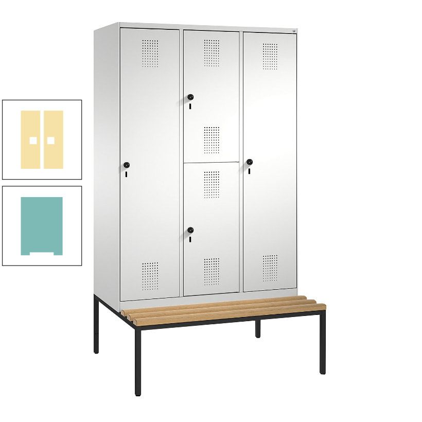Garderobenschrank, Spind ein- und doppelstöckig Sitzbank, 3 Abteile, 4 Fächer, 2.090x1.200x500 mm (HxBxT), Front anthrazitgrau, Korpus anthrazitgrau