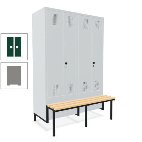 Doppel-Spind, Garderobenschrank, Buche Sitzbank integriert, 4 Abteile 300 mm, Korpus anthrazitgrau, Tür anthrazitgrau, 1.850 x 1.200 x 815 mm (HxBxT)
