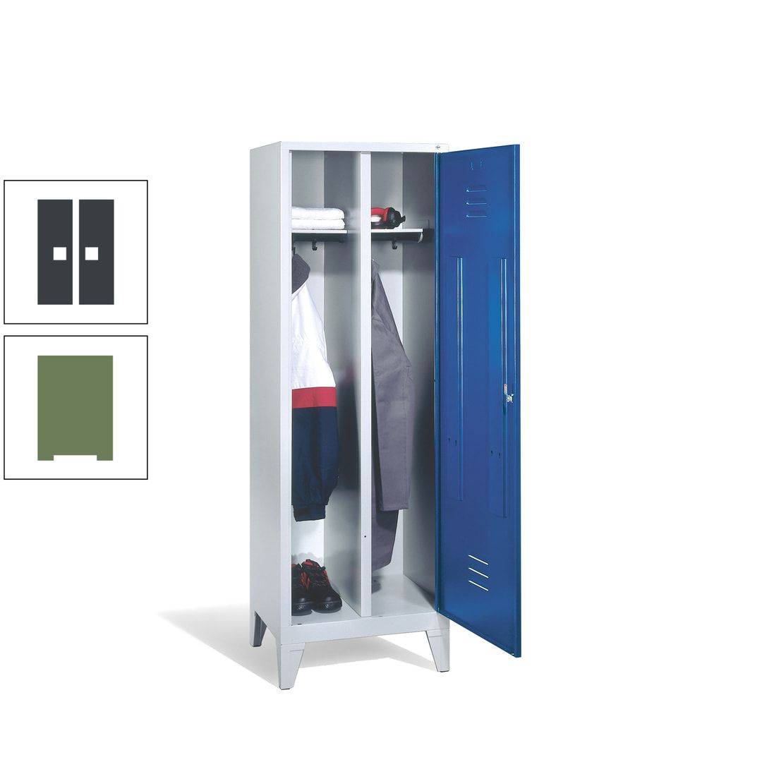 Doppel-Spind mit Großtür, Garderobenschrank mit Füßen, 2 Abteile a 300 mm, Korpus anthrazitgrau, Tür anthrazitgrau, 1.850 x 610 x 500 mm (HxBxT)