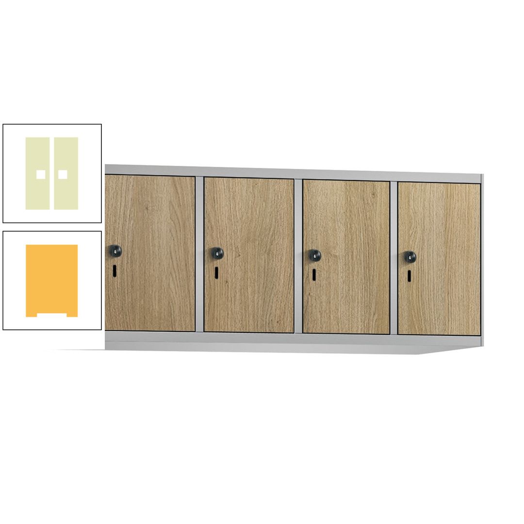 Aufsatzschrank, Schrankaufsatz, 4 Fächer a 300 mm, Farbe Pastellgelb, Tür anthrazitgrau, 500 x 1.200 x 500 mm (HxBxT)