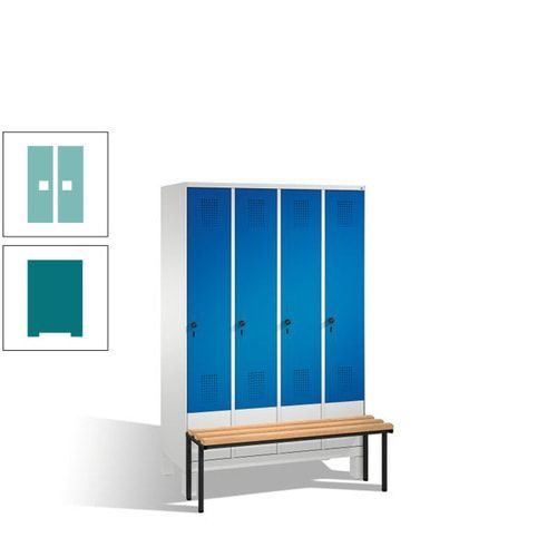 Stahl-Garderobenschrank, Spind, Buche Sitzbank vorgebaut, 4 Abteile a 300 mm, Korpus Lichtgrün, Tür Schwefelgelb, 1.850 x 1.200 x 815 mm (HxBxT)