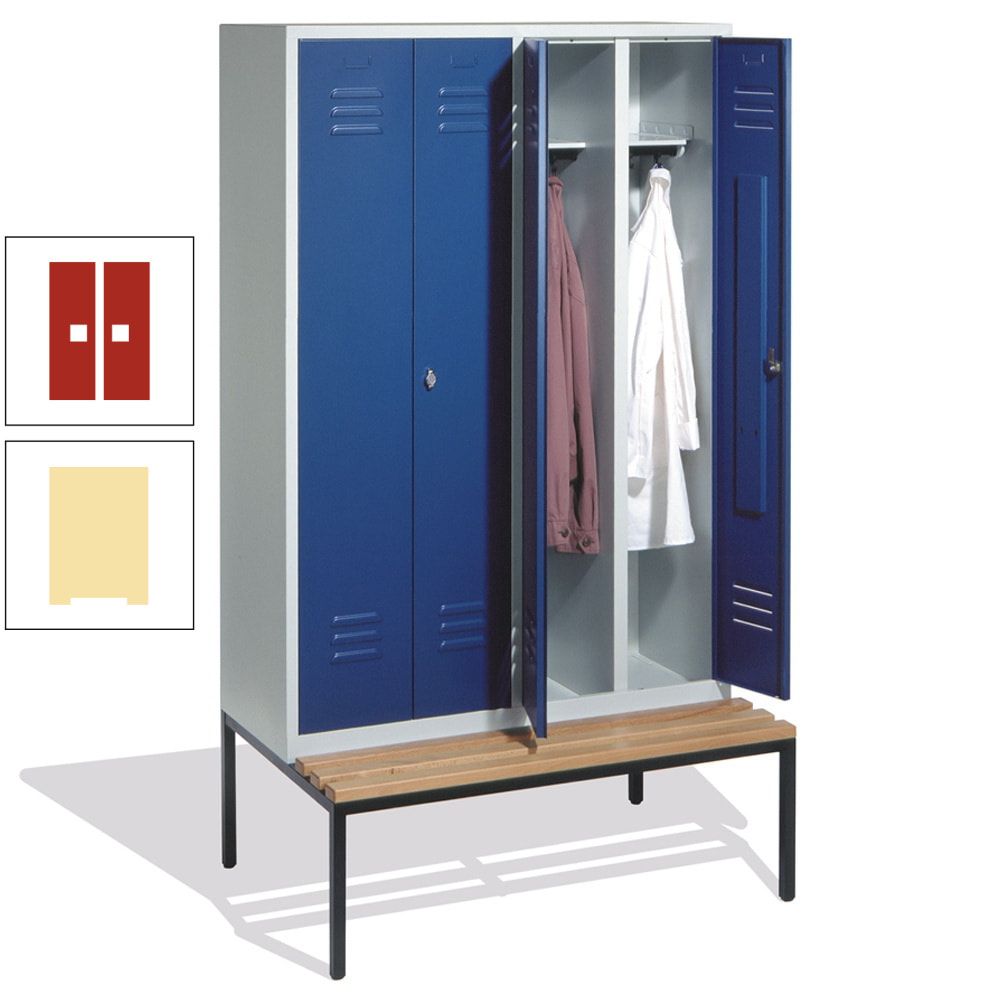 Doppel-Spindschrank, Buche Sitzbank untergebaut, 4 Abteile a 300 mm, Korpus lichtgrau, Tür anthrazitgrau, 2.090 x 1.190 x 815 mm (HxBxT)