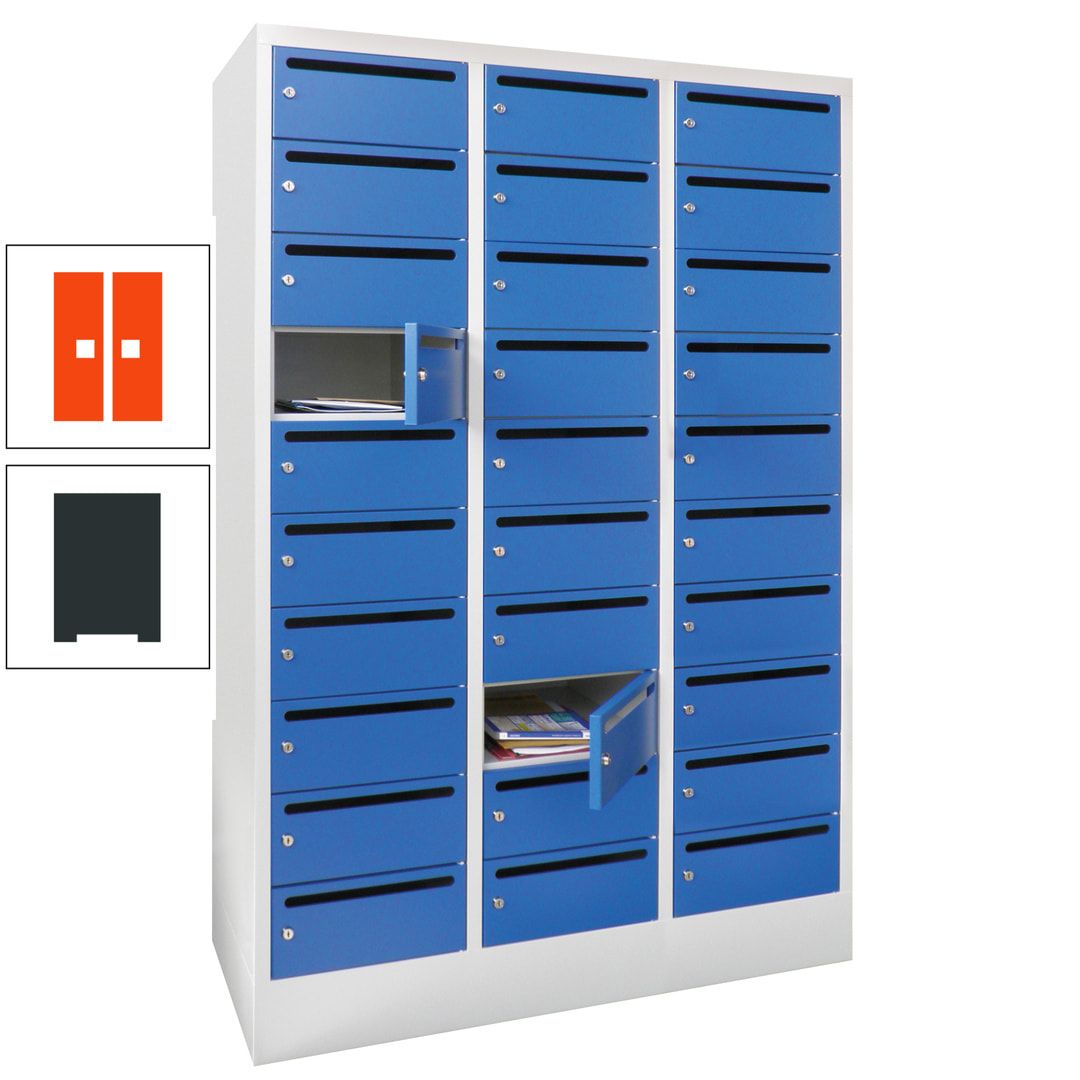 Postverteilerschrank, Schließfachschrank, 3 Abteile a 300 mm, 30 Fächer, 1.850 x 900 x 500 mm (HxBxT), Korpus anthrazitgrau, Front anthrazitgrau