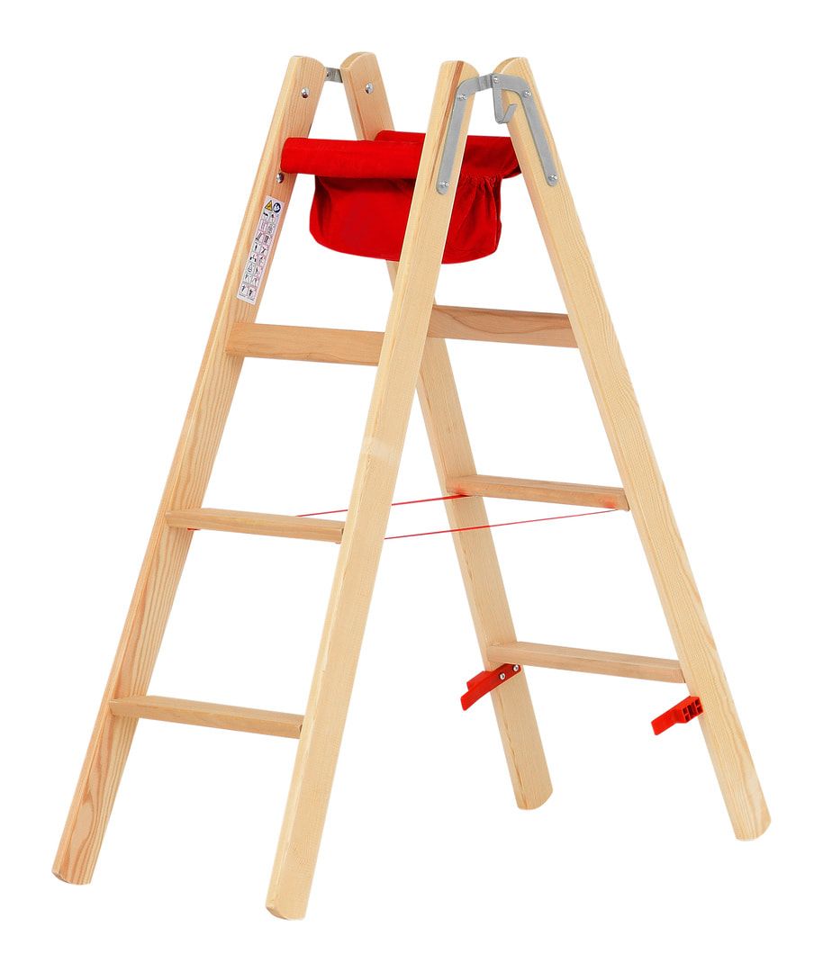 Holz-Stufenstehleiter, beidseitig begehbar, Textiltasche, Eimerhaken, Perlongurte, 1.240 x 473 mm (LxB), 2 x 4 Stufen, 8 kg, Stufentiefe 80 mm, Hymer