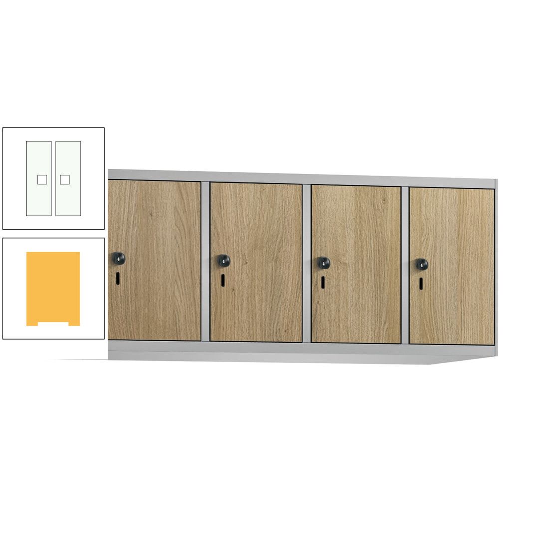 Aufsatzschrank, Schrankaufsatz, 4 Fächer a 300 mm, Farbe Pastellgelb, Tür anthrazitgrau, 500 x 1.200 x 500 mm (HxBxT)