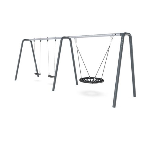 Schaukelkombi, Vogelnestschaukel, 2 Einzelsitze, Schwerlastaufhängung, ab 2 Jahre, 8 Nutzer, wartungsarm freistehend, 2.550 x 6.690 x 1.840 mm (HxBxT)