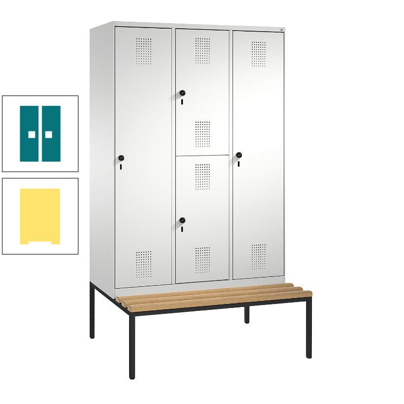 Garderobenschrank, Spind ein- und doppelstöckig Sitzbank, 3 Abteile, 4 Fächer, 2.090x1.200x500 mm (HxBxT), Front anthrazitgrau, Korpus anthrazitgrau