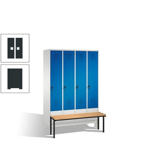 Stahl-Garderobenschrank, Spind, Buche Sitzbank vorgebaut, 4 Abteile a 300 mm, Korpus Lichtgrün, Tür Schwefelgelb, 1.850 x 1.200 x 815 mm (HxBxT)