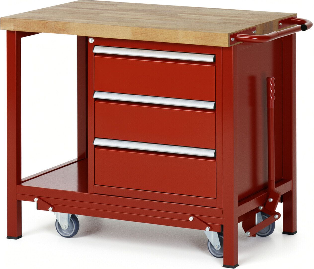 Mobile absenkbare Werkbank mit 3 Schubladen - Teilauszug - 180:3 - 880 x 1.000 x 700 mm (HxBxT) - 1,25 t - Buche - Anthrazitgrau