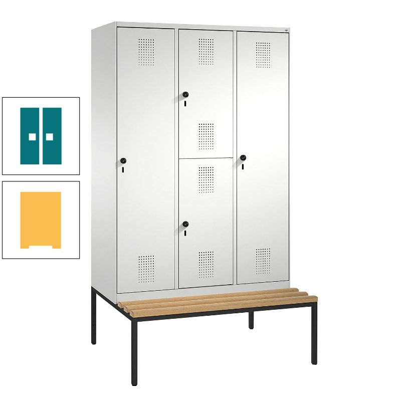 Garderobenschrank, Spind ein- und doppelstöckig Sitzbank, 3 Abteile, 4 Fächer, 2.090x1.200x500 mm (HxBxT), Front anthrazitgrau, Korpus anthrazitgrau