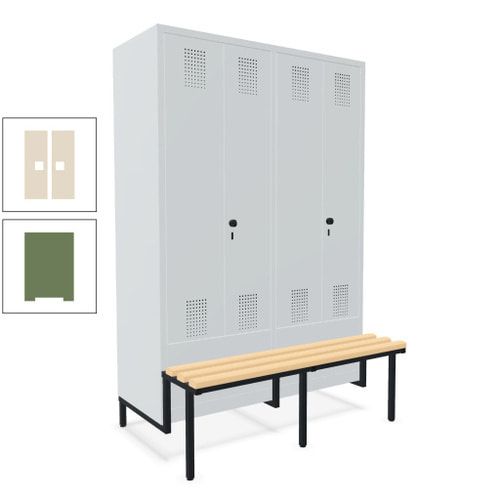 Doppel-Spind, Garderobenschrank, Buche Sitzbank integriert, 4 Abteile 300 mm, Korpus anthrazitgrau, Tür anthrazitgrau, 1.850 x 1.200 x 815 mm (HxBxT)